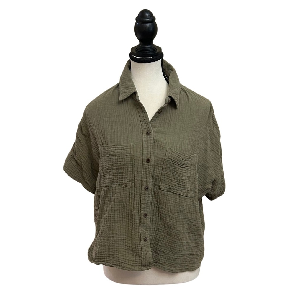 Madewell Gauze Shirt Olive Green Short Sleeve Button Front Pockets Women's XS
